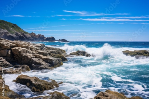 Rocky coast under a clear blue sky background with crashing waves