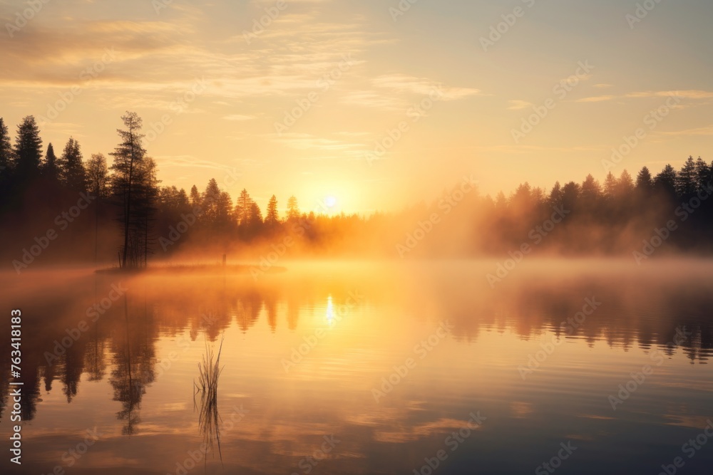 Sunrise sky background over a calm lake with mist rising