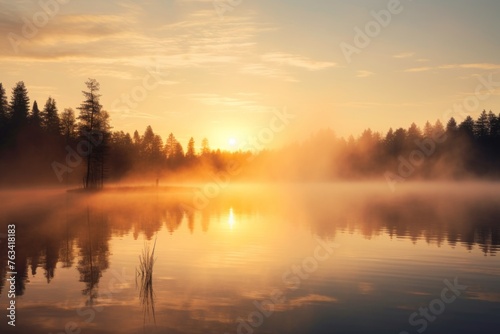 Sunrise sky background over a calm lake with mist rising