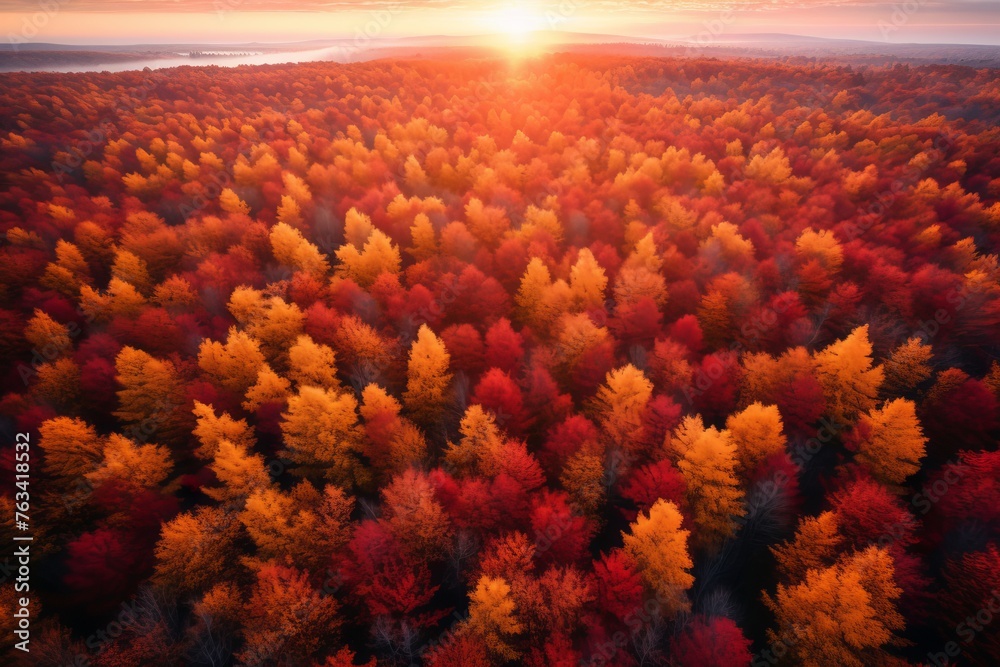 A breathtaking aerial view of a forest ablaze with vibrant hues of red, orange, and gold, capturing the magic of autumn foliage - obrazy, fototapety, plakaty 