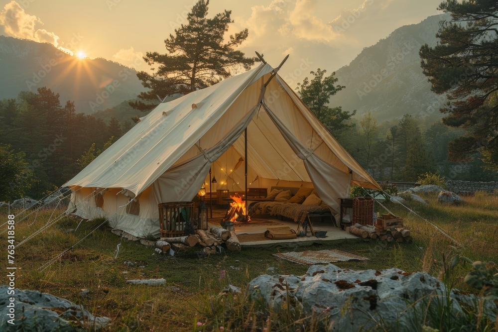 An opulent canvas tent pitched against a backdrop of mountains and sunset, symbolizing adventure and comfort