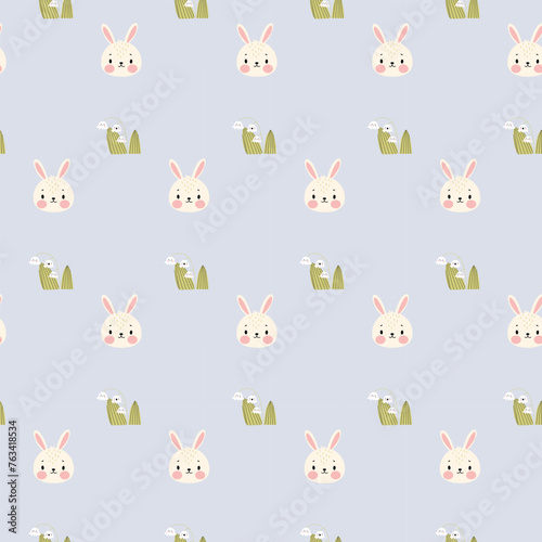 Fototapeta Naklejka Na Ścianę i Meble -  Pattern with the head of a cute white rabbit and lilies of the valley. Easter. Spring