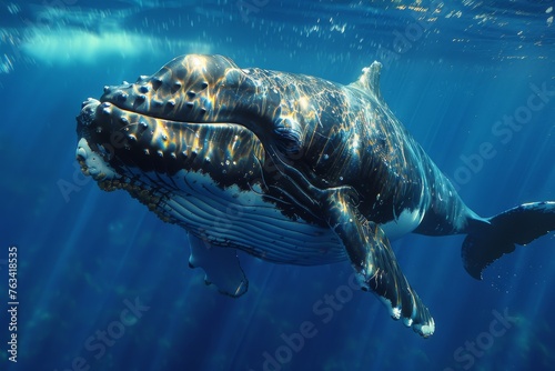 The sunlight filters through the water's surface, illuminating the majestic humpback whale as it swims in the ocean