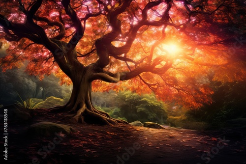 A captivating shot of sunlight filtering through the colorful leaves of a tree, creating a radiant and enchanting fall spectacle