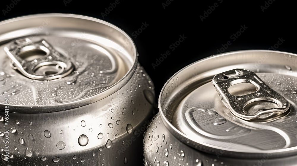 Aluminum cans covered with water drops. Tasty cold drink. Aluminum cans covered with water drops. Tasty cold drink.