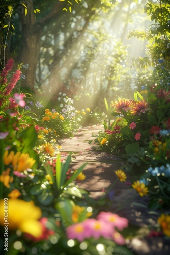 Beautiful garden a path with colorful flowers  dreamy background.