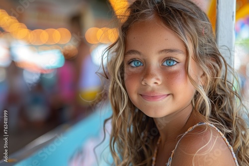 A cheerful young girl with mesmerizing blue eyes smiles at a fairground, with soft focus on the background