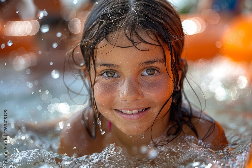 Obraz premium A girl emerges from the water, smiling with sunlit water droplets around her