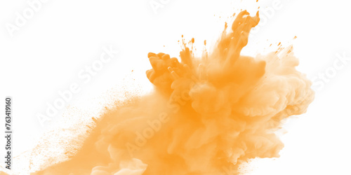 Orange color powder splash on a white background. Orange powder explosion on white background. Rainbow Holi paint color powder explosion with bright colors. 