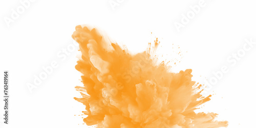 Orange color powder splash on a white background. Orange powder explosion on white background. Rainbow Holi paint color powder explosion with bright colors. 