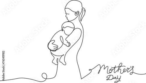 Mom holding a new born baby. Lineart family portret. Continuous one line drawing. Vector illustration