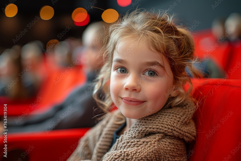 Smiling girl with blonde hair in theater with red seats and blurred background