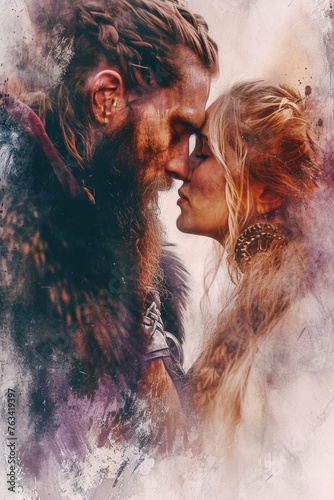 Captured in a dramatic watercolor style, this image depicts a moment of passion between a couple, their foreheads pressed together as if time stands still.