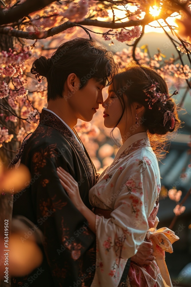 Intimate embrace under the cherry blossoms, a romance in traditional elegance captures love, culture, and nature's beauty.
