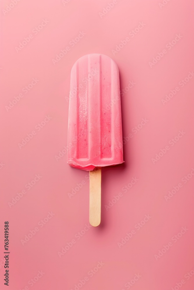A solitary pink popsicle stands out against a monochromatic pink background, offering a minimalist and modern take on a classic frozen treat. A solitary pink popsicle stands out against a monochromatic pink background, offering a minimalist and modern take on a classic frozen treat.