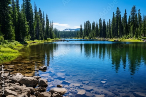 A serene image of a tranquil lake surrounded by lush tree