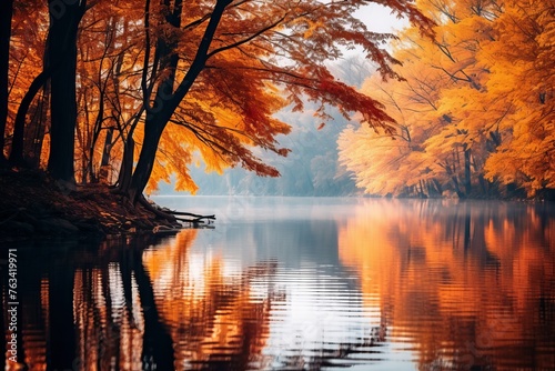 A serene view of a riverbank lined with trees displaying their fall finery