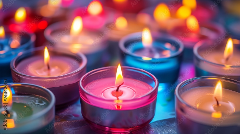 Colorful wax candles on a dark background. Selective focus