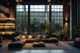 Dark cozy interior background, loft style living room with big window, 3D rendering