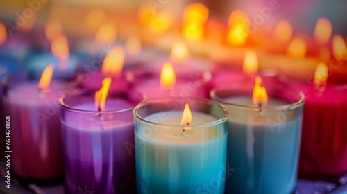Colorful candles in a row with shallow depth of field for background