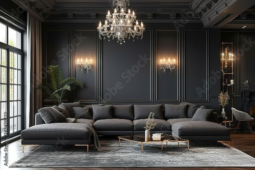 Distinct living room dark interior with luxury gray sofa., indoor design photo