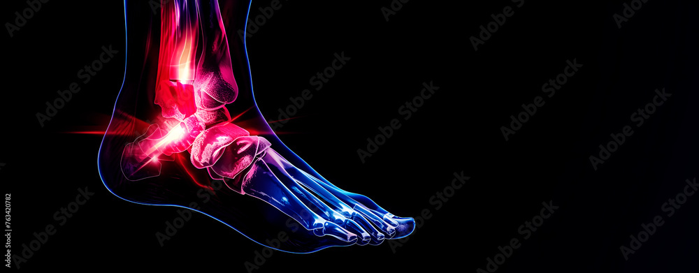 Ankle sprain or injury. Foot on black background. Space for text. Ankle sprain or injury. Foot on black background. Space for text.