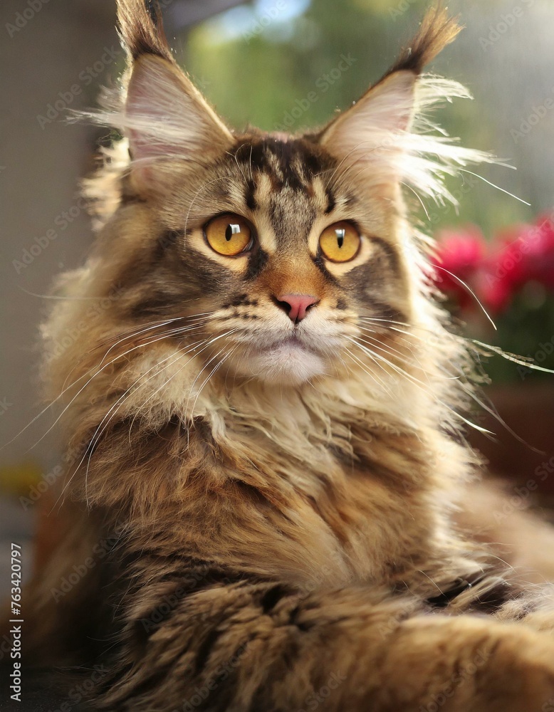 Portrait of domestic Maine Coon kitten - 7 months old. Cute young cat sitting in front and looking at camera. Curious young striped tabby kitty