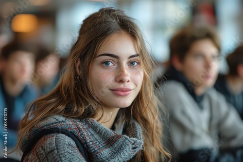 Wallpaper Mural Calm young woman sitting with a serene expression among a crowd Torontodigital.ca