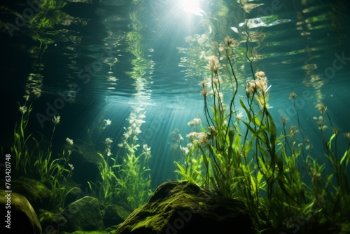 An underwater view of aquatic plants thriving in a clear pond, a testament to the benefits of effective water monitoring © KerXing