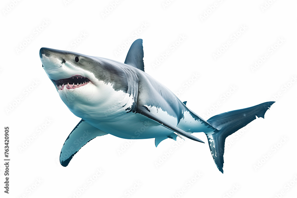 Fototapeta premium great white shark - Carcharodon carcharias - full view while swimming, face and teeth visible isolated on white background all fins and gills showing