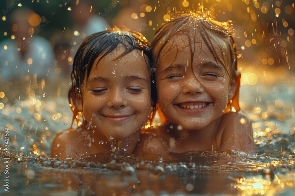 Close-up of two kids enjoying themselves in the water, smiles illuminated by sunset
