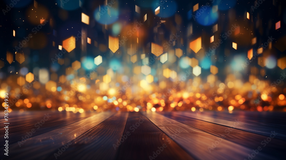 Abstract golden bokeh lights with hexagonal shapes on a dark background. Festive and holiday concept.