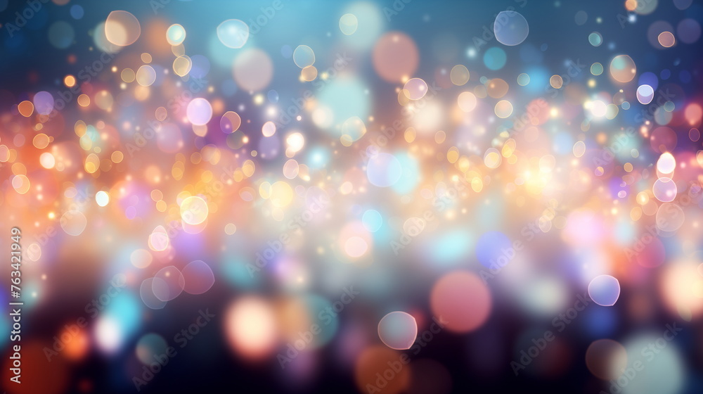 Colorful bokeh light particles on a blurred background. Festive and celebration concept for design and print.