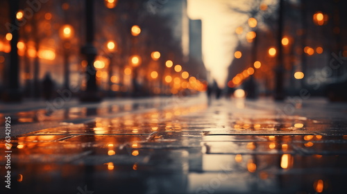 Wet city street with reflective lights at twilight. Urban evening and nightlife concept.