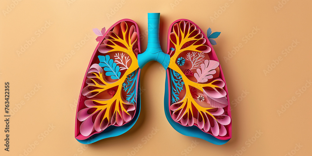 Paper Cut Craft of Human lungs Internal Anatomy on Beige Background - obrazy, fototapety, plakaty 