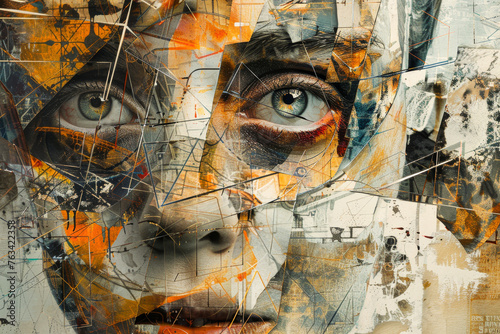 A painting of a woman's face with a blue eye and orange lips. The painting is abstract and has a lot of different colors and textures. The mood of the painting is bold and expressive