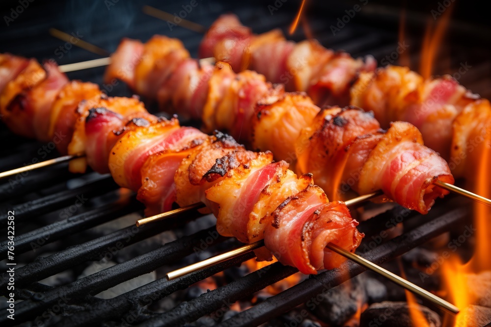 Delicious bacon wrapped shrimp skewers on the grill