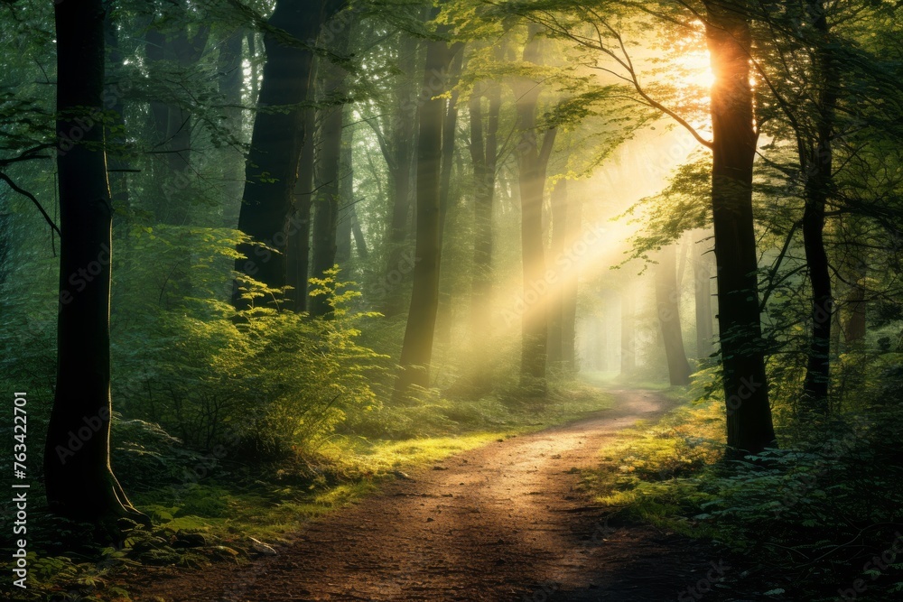 Dreamy forest path leading to a secluded clearing bathed in sunlight