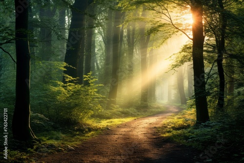 Dreamy forest path leading to a secluded clearing bathed in sunlight