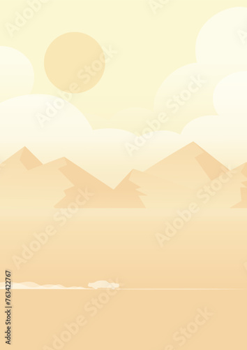 Car in the desert with mountains and clouds. Highway and a passing car landscape illustration.