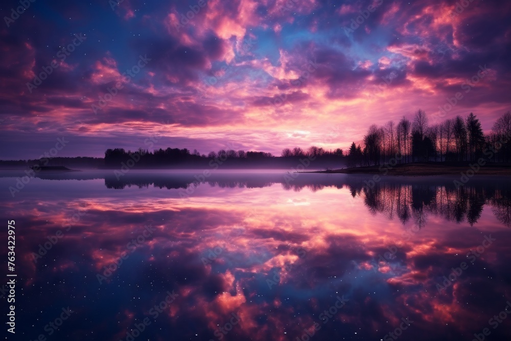 Purple sky with clouds reflecting in the water