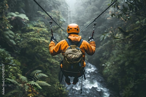 Adventure seekers zip through lush Costa Rican rainforests in thrilling ziplining tours. Concept Ziplining, Costa Rica, Rainforest, Adventure Tours, Thrilling Experience
