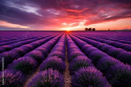 Endless rows of lavender fields extending to the horizon