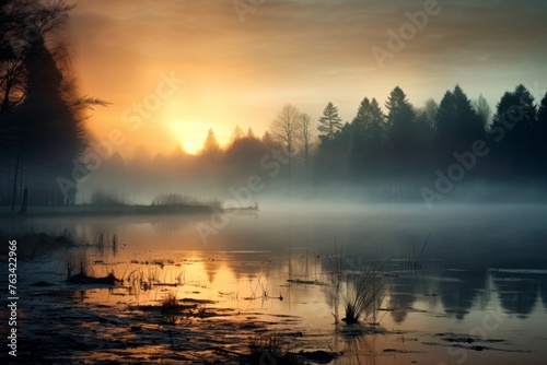 Enigmatic and captivating background with a foggy lake at dawn