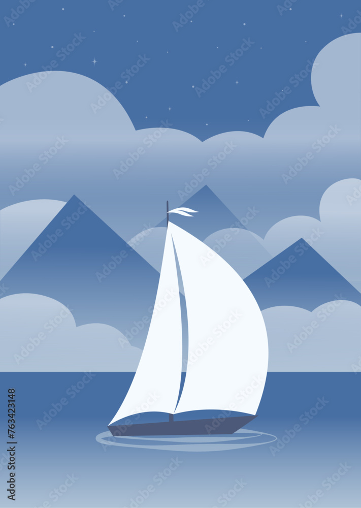 Mountains seaside blue landscape and ship poster. Seaside night with clouds.