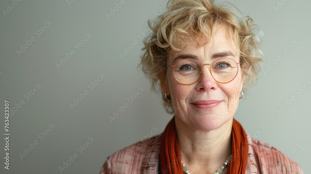 A woman with glasses and a scarf is smiling. She is wearing a pink shirt and a red scarf A woman with glasses and a scarf is smiling. She is wearing a pink shirt and a red scarf