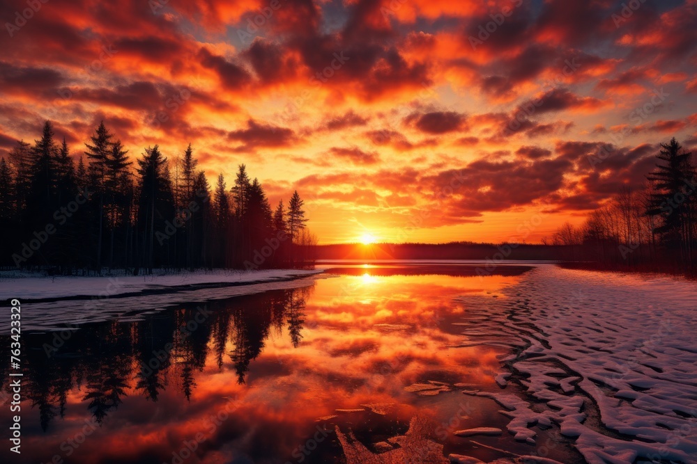 Beautiful sunset reflecting on a frozen lake