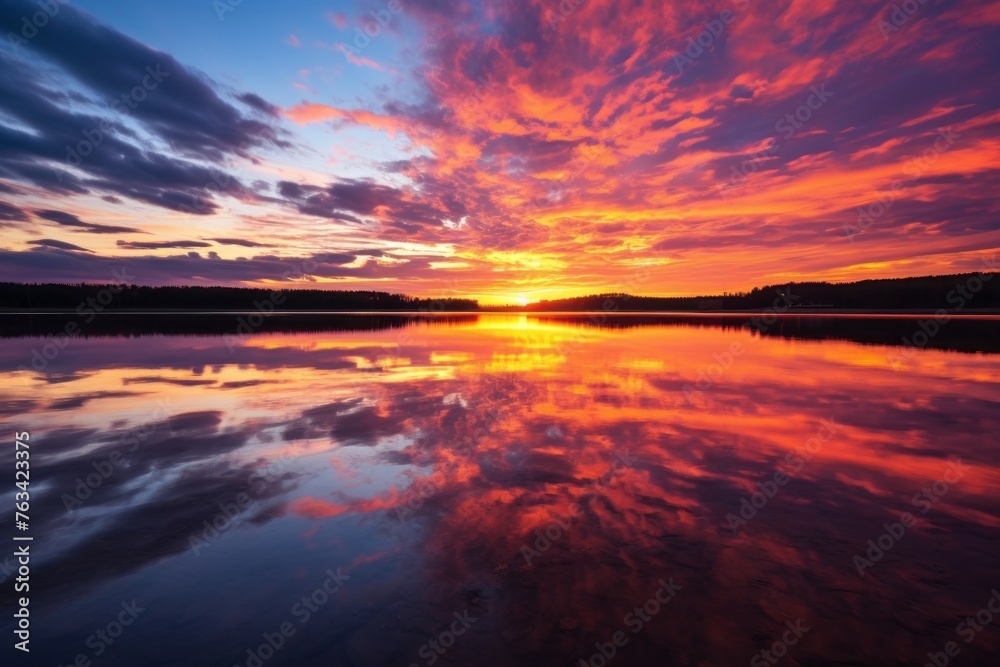 Stunning sunset over a tranquil lake with clouds mirrored in the shimmering water