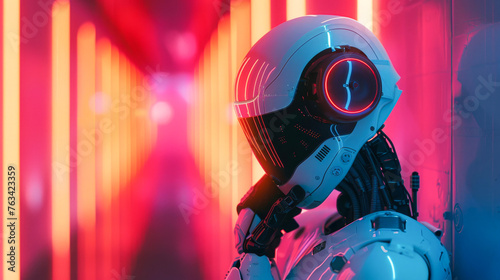 A robot with a red face stands in a long hallway. The robot is wearing a white helmet and has a red face. The hallway is lit with neon lights  creating a futuristic and industrial atmosphere