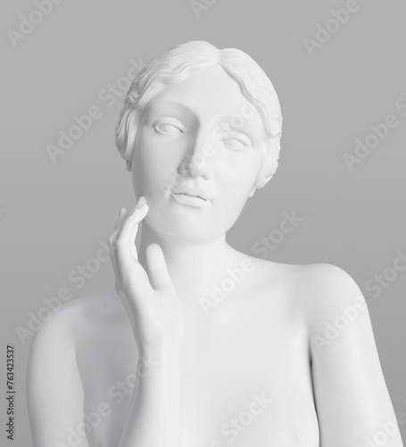 Antique woman sculpture face touch hand gesture, 3d rendering Greek goddess statue